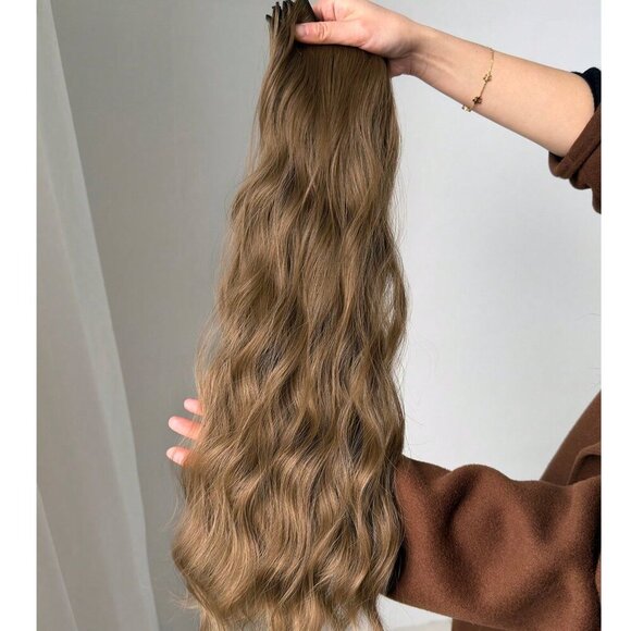 Human hair Blend Ash light Brown Clip in 22 in  Hair Extensions in Water Wave - Picture 2 of 12